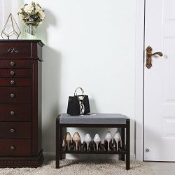 Bamboo Wood Shoe Bench Rack with Cushion Upholstered Padded Seat Storage Shelf Bench