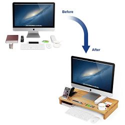 Bamboo Monitor Stand Riser with Storage Organizer, Laptop Cellphone TV Printer Stand Desktop Container