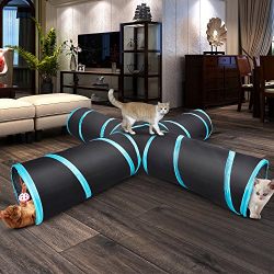 Creaker 4 Way Cat Tunnel, Collapsible Pet Play Tunnel Tube Toy with a Bell Toy & a Soft Ball Toy for Cat, Puppy, Kitty, Kitten, Rabbit