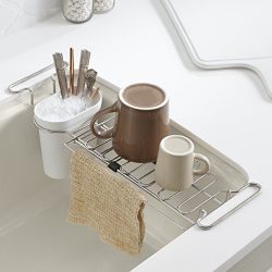 KOHLER Multi-Purpose Over-the-Sink Drying Rack, Caddy with Kitchen Towel Bar Holder, Soaking Cup. Expandable 14.6" to 17.6", Stainless Steel, White