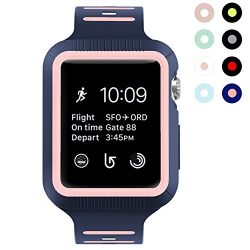 BRG for Apple Watch Band with Case, Shock-proof Shatter-resistant Protective Case with Silicone Sport iWatch Band for Apple Watch Series 3/2/1 Nike+ Sport Edition 42mm (Midnight Blue/Vintage Rose)