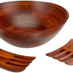 Lipper International Cherry Finished Wavy Rim Serving Bowl with 2 Salad Hands, Large