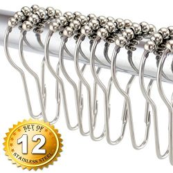 1Easylife Shower Curtain Rings Hooks - 100% Stainless Steel + Brass Roller, Polish Chrome, Set of 12