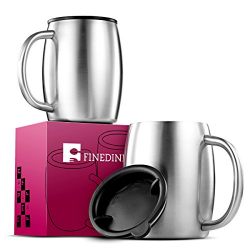 FINEDINE Double Wall 18/8 Stainless Steel Coffee Mugs with Spill Resistant Lids (Set of 2)
