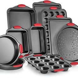 Perlli 10-Piece Nonstick Carbon Steel Bakeware Set With Red Silicone Handles