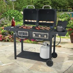 Durable Outdoor Barbeque & Burger Gas/charcoal Grill Combo Comes with a Chrome Plated Warming Rack and a Porcelain Heat Plate,3-burner Grill with Integrated Ignition and Also Has a Handy Tool Holders