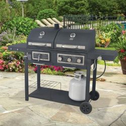 Durable Outdoor Barbeque & Burger Gas/charcoal Grill Combo Comes with a Chrome Plated Warming Rack and a Porcelain Heat Plate,3-burner Grill with Integrated Ignition and Also Has a Handy Tool Holders