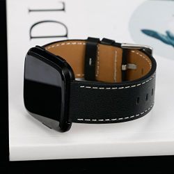 Aresh for Fitbit Versa Bands Leather Fitbit Versa Genuine Leather Replacement Band with Silver Stainless Steel Buckle Accessory Wristband Strap for Fitbit Versa SmartWatch (black)