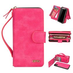iPhone X Wallet Case,PU Leather Flip Folio Cover Large Capacity Zipper Pocket Cash Holder [11 Card Slots] With Plastic Mirror for iPhone X (Pink-iPhone X)