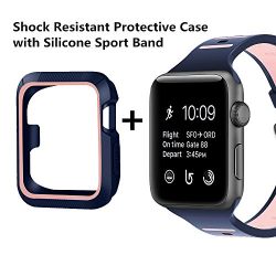BRG for Apple Watch Band with Case, Shock-proof and Shatter-resistant Protective Case with Silicone Sport iWatch Band for Apple Watch Series 3/2/1 Nike+ Sport Edition 38mm (Midnight Blue/Vintage Rose)