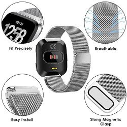 Fitbit Versa Bands for Women Men Small Large, CAVN Milanese Loop Stainless Steel Replacement Quick Release Watch Band Bracelet Strap with Unique Magnet Lock Accessories Wristbands for Fitbit Versa