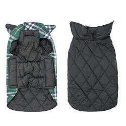 Scheppend Pet Dog Plaid Jacket Waterproof Warm Winter Coat for Dogs Reversible Vest with Velcro, Green Large