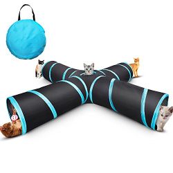Creaker 4 Way Cat Tunnel, Collapsible Pet Play Tunnel Tube Toy with a Bell Toy & a Soft Ball Toy for Cat, Puppy, Kitty, Kitten, Rabbit