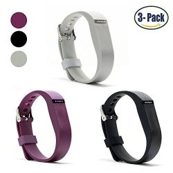 Hotodeal Replacement Bands for Fitbit Flex, Fashion Adjustable Silicone Sport Wristband with Chrome Clasp and Fastener Buckle, Prevent Tracker Falling Off, Comfortable, Pack of 3 (Black+Grey+Purple)
