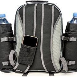 Picnic Backpack for 4 by Mister Alfresco, Stylish Black Color With Insulated Cooler Compartment 2 Detachable Bottle/Wine Holders Fleece Blanket Flatware and Plates. Light-weight, Versatile