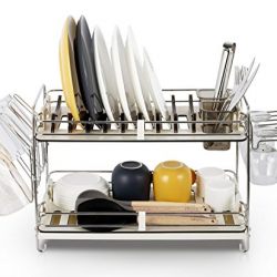 Miusco 2 Tier Stainless Steel Dish Rack with Wine Glass Holder and Drainboard