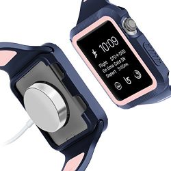 BRG for Apple Watch Band with Case, Shock-proof and Shatter-resistant Protective Case with Silicone Sport iWatch Band for Apple Watch Series 3/2/1 Nike+ Sport Edition 38mm (Midnight Blue/Vintage Rose)