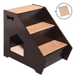 Arf Pets Cat Step House – Wooden Pet Stairs w/3 Nonslip Steps, Built-In House For Dogs, Cats & Short Pets to Reach Bed, Couch, Window, Car & More Extra BONUS Cushion Included