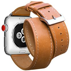 For Apple Watch Band 42mm, Marge Plus Genuine Leather Double Tour iwatch Strap Replacement Band with Stainless Metal Clasp for Apple Watch Series 3 Series 2 Series 1 Sport and Edition, Brown