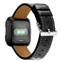 Aresh for Fitbit Versa Bands Leather Fitbit Versa Genuine Leather Replacement Band with Silver Stainless Steel Buckle Accessory Wristband Strap for Fitbit Versa SmartWatch (black)