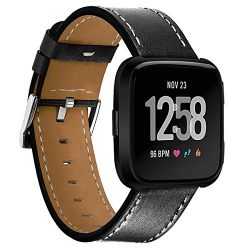 Aresh for Fitbit Versa Bands Leather Fitbit Versa Genuine Leather Replacement Band with Silver Stainless Steel Buckle Accessory Wristband Strap for Fitbit Versa SmartWatch (black)