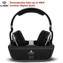 Wireless TV Headphones, Artiste 2.4GHz Digital Over-Ear Stereo Headphone for TV 100ft Distance Transmitter Charging Dock Rechargeable (Black)
