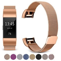 Hotodeal For Fitbit Charge 2 Bands, Band Milanese Loop Stainless Steel Magnet Metal Replacement Bracelet Strap Wristbands Accessories for Women Men, Rose Gold
