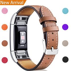 For Fitbit Charge 2 Replacement Bands, Hotodeal Classic Genuine Leather Wristband With Metal Connectors, Fitness Strap for Charge 2, Elegant Brown