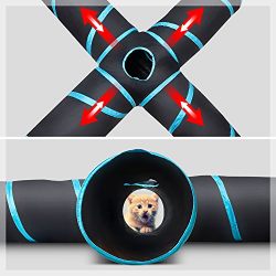 Creaker 4 Way Cat Tunnel, Collapsible Pet Play Tunnel Tube Toy with a Bell Toy & a Soft Ball Toy for Cat, Puppy, Kitty, Kitten, Rabbit