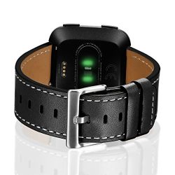 Aresh for Fitbit Versa Bands Leather Fitbit Versa Genuine Leather Replacement Band with Silver Stainless Steel Buckle Accessory Wristband Strap for Fitbit Versa SmartWatch (black)