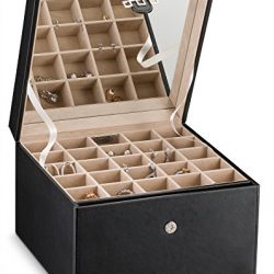 Glenor Co Earring Organizer Holder - 50 Small & 4 Large Slots Classic Jewelry box with Drawer & Modern Closure, Mirror, 3 Trays for All Sizes Earrings, Ring or Chain Storage - PU Leather Case - Black