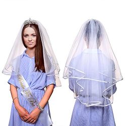 Konsait Bride To Be Sash and Tiara Kit - Wedding Tiara with Veil and Bachelorette Party Tattoo Bundle, Bride to be Tiara and Sash Set for Bachelorette Party Supplies Wedding Bridal Shower Supplies