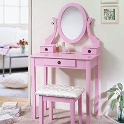 Roundhill Furniture 3415PI Moniys Wood Moniya Makeup Vanity Table and Stool Set, Pink