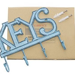 Key Holder “Keys” – Wall Mounted Western Key Holder | 4 Key Hooks | Decorative Cast Iron Key Rack | with Screws and Anchors – 6x8”- CA-1506-04 (Rustic Blue)