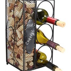 Home-X Keepsake Wine Cork Holder "Chalkboard " Write A Note, Wine Corks Saver with 3 Wine Bottles Storage Rack.