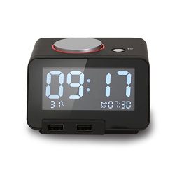 Homtime Multi-function Alarm Clock, Indoor Thermometer, Charging Station/Phone Charger with Dual Port USB for iPhone/iPad/iPod/Android Phone and Tablets, Black
