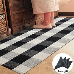 Ukeler 100% Cotton Plaid Rugs Black/White Hand-woven Checkered Carpet