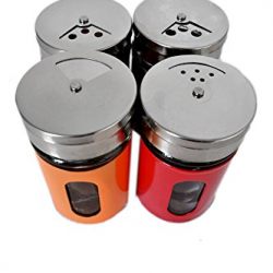 Set of 6 Colorful Retro Spice Jars Bottles With Chrome Tabletop Rack