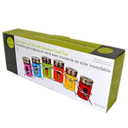Set of 6 Colorful Retro Spice Jars Bottles With Chrome Tabletop Rack
