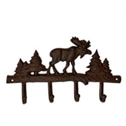 Dark Brown Deer/Moose Trees Cast Iron Lodge Cabin Wall Mount 4-Hook Hanger Rack