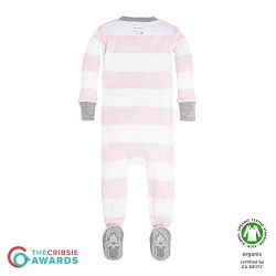 Burt's Bees Baby Baby Girls' Organic Stripe Zip Front Non-Slip Footed Sleeper Pajamas, Blossom Rugby Stripe, 3-6 Months