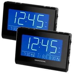 Magnasonic Alarm Clock Radio with USB Charging for Smartphones & Tablets, Auto Dimming, Dual Gradual Wake Alarm, Battery Backup, Auto Time Set, Large 4.8" LED Display, AM/FM (CR63) - 2 Pack