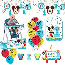 Mickey Mouse First Birthday Fun To Be One 1st Birthday Party Supplies Decoration Pack Includes: Hanging Swirl Decorations, Baby Bib, Birthday Candles, Balloons, and a High Chair Decoration Kit!