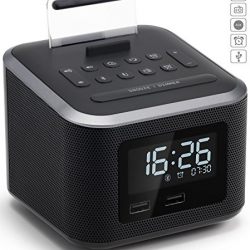 Alarm Clock Radio,Wireless Bluetooth Speaker,Digital Alarm Clock USB Charger for Bedroom with FM Radio/USB Charging Port/AUX-IN and Cell Phone Stand/Snooze/Dimmer/Battery Backup Function(Black)