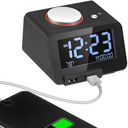 Homtime Alarm Clock USB Charger for Bedroom,2 USB Charging Ports Phone Charger for Iphone and Android,Snooze Fuction, 4 Dimmer Larger Font Display and Temperrature [Upgraded Version](Black)
