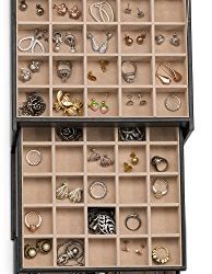 Glenor Co Earring Organizer Holder - 50 Small & 4 Large Slots Classic Jewelry box with Drawer & Modern Closure, Mirror, 3 Trays for All Sizes Earrings, Ring or Chain Storage - PU Leather Case - Black