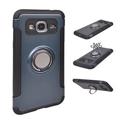 MEIRISHUN Slim Fit Layer Hybrid 2 in 1 Armor Rugged Defender with Ring Holder Kickstand Drop Protection Soft Rubber Bumper Case for Samsung Galaxy J3 (2016) - Dark Blue