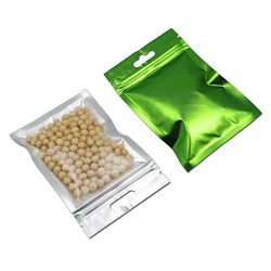 100 Pcs Clear Front Mylar Foil Heat Sealable Bags Bulk Food Storage Snack Sampling Pouch with Hang Hole Aluminum Foil Grip Seal Reclosable Pack Flat Ziplock Bags (8.5x13cm (3.3x5.1 inch), Green)