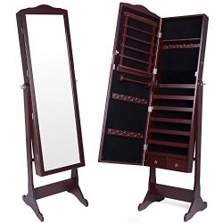 Kendal Standing Lockable Jewelry Cabinet with Cheval Mirror, Dark Brown JCT003