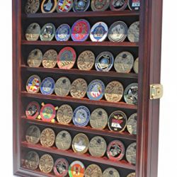 LOCKABLE Military Challenge Coin Display Case Cabinet Rack Holder, LOCKABLE - Mahogany Finish